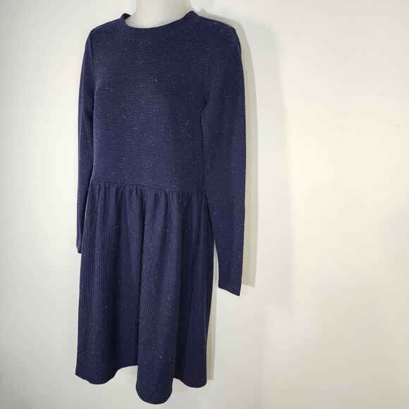 Loft Petite Womens Navy Blue Flecked Button Back Swing Dress XSP Long Sleeve - Picture 5 of 9